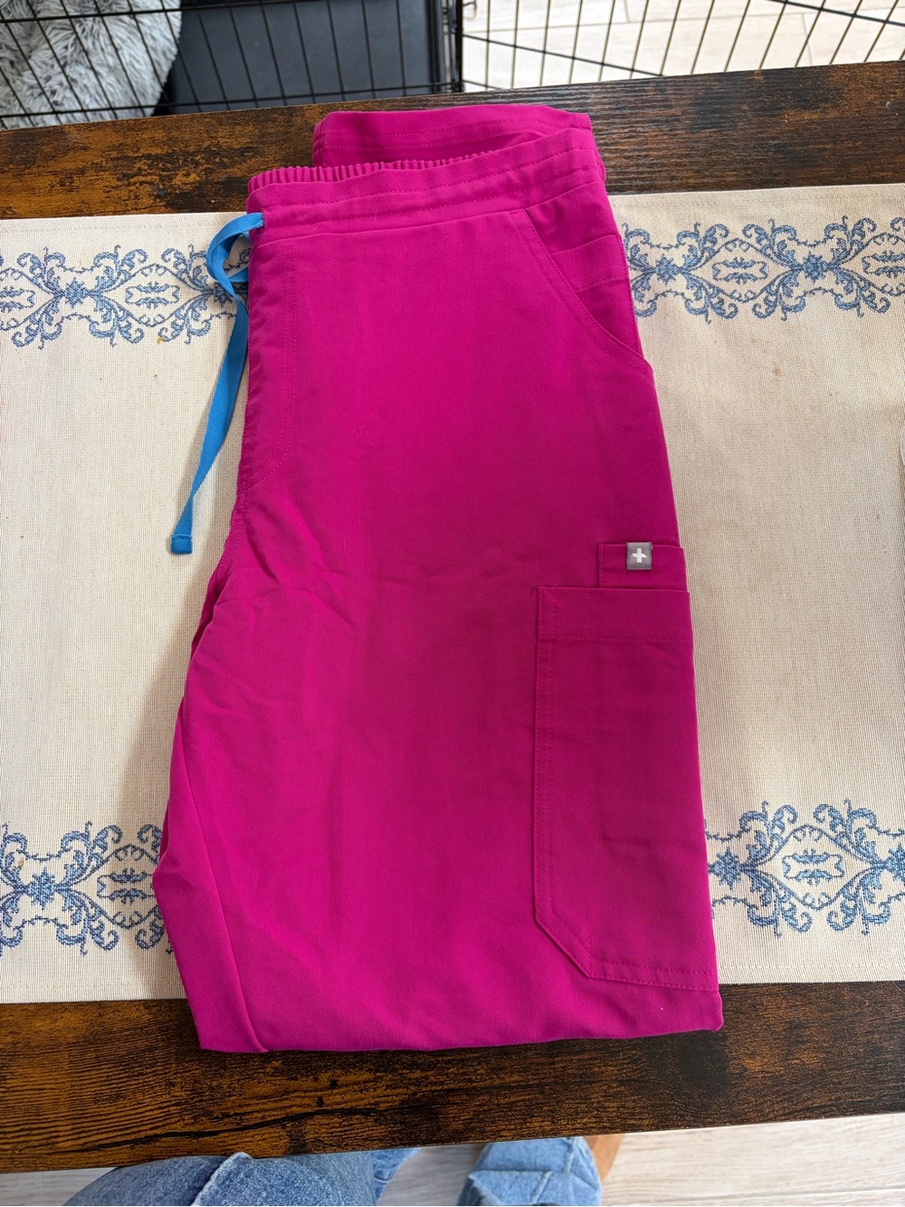 Figs Straight Leg Scrub Pants in Fuchsia with Blue Drawstring